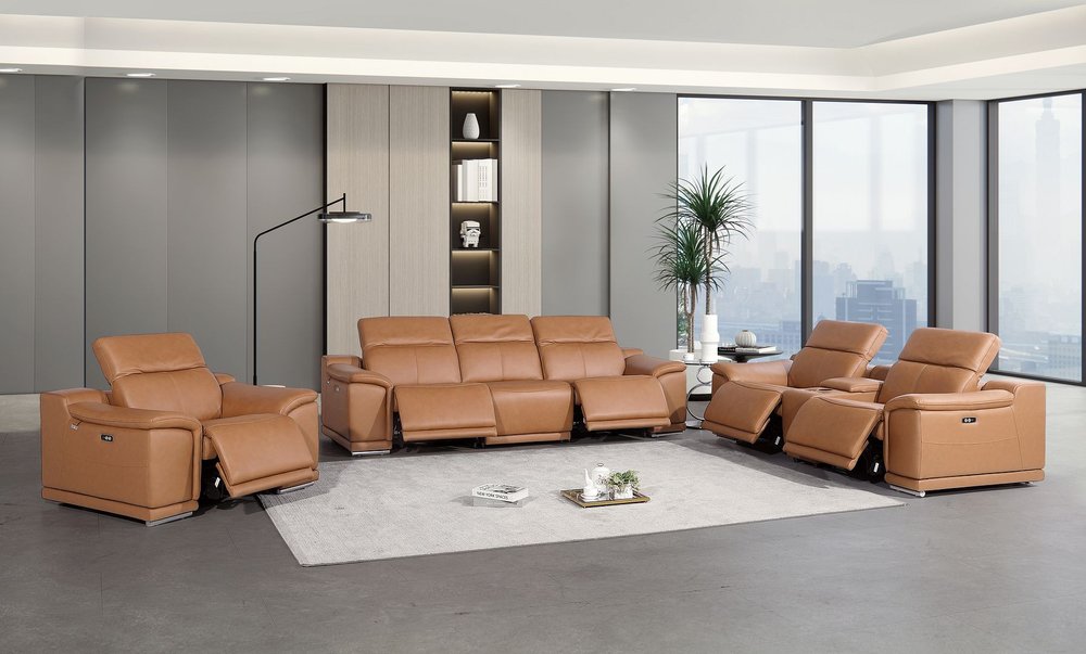 Three Piece Chestnut Genuine Leather Six Person Seating Set