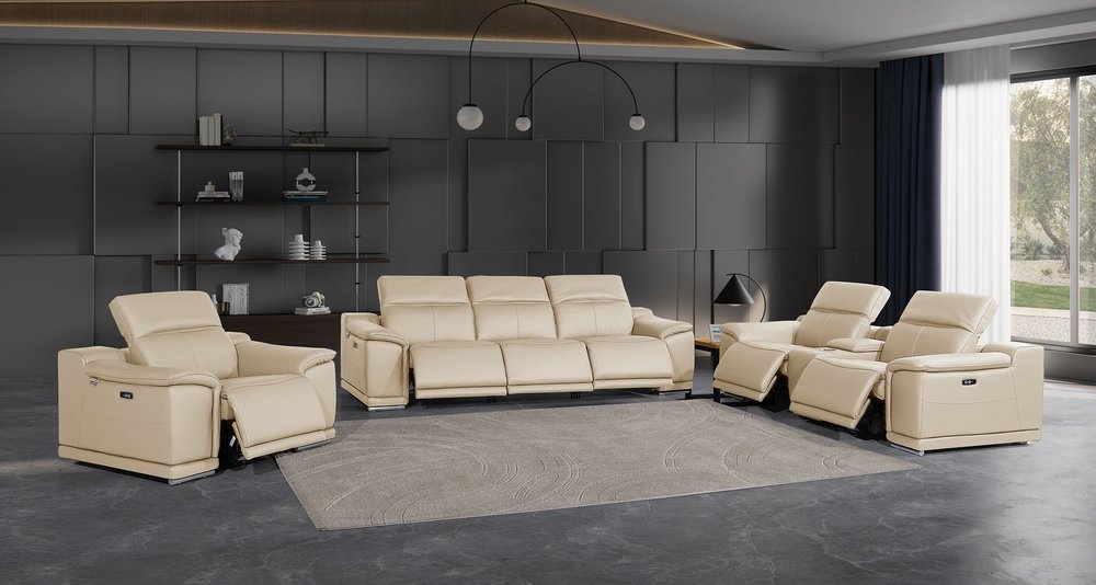 Three Piece Beige Genuine Leather Six Person Seating Set