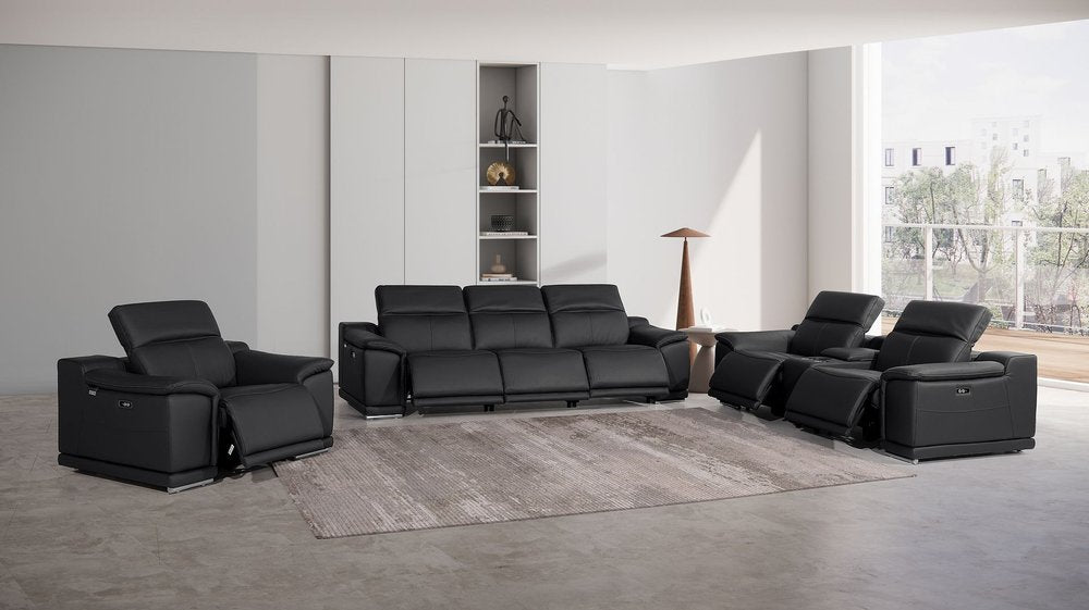 Three Piece Black Genuine Leather Six Person Seating Set