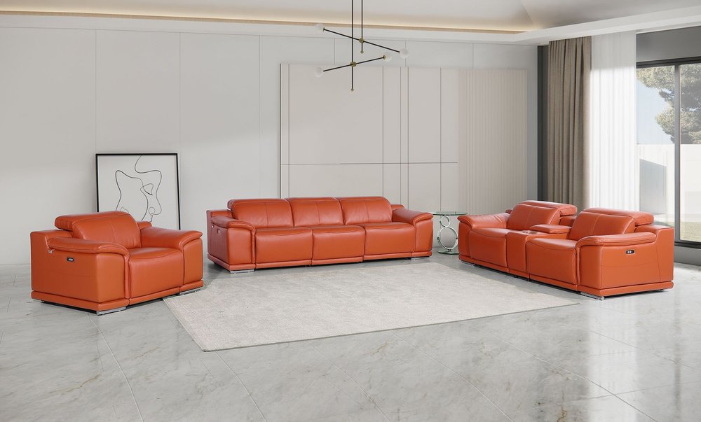 Three Piece Camel Genuine Leather Six Person Seating Set