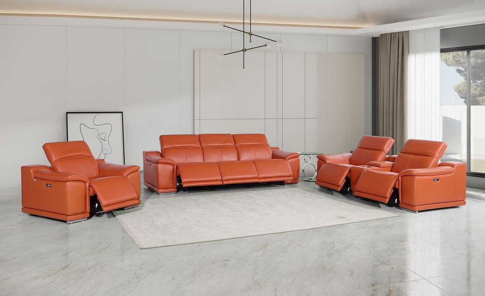 Three Piece Camel Genuine Leather Six Person Seating Set