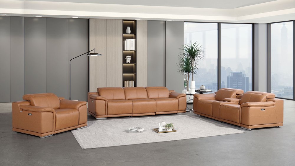 Three Piece Chestnut Genuine Leather Six Person Seating Set