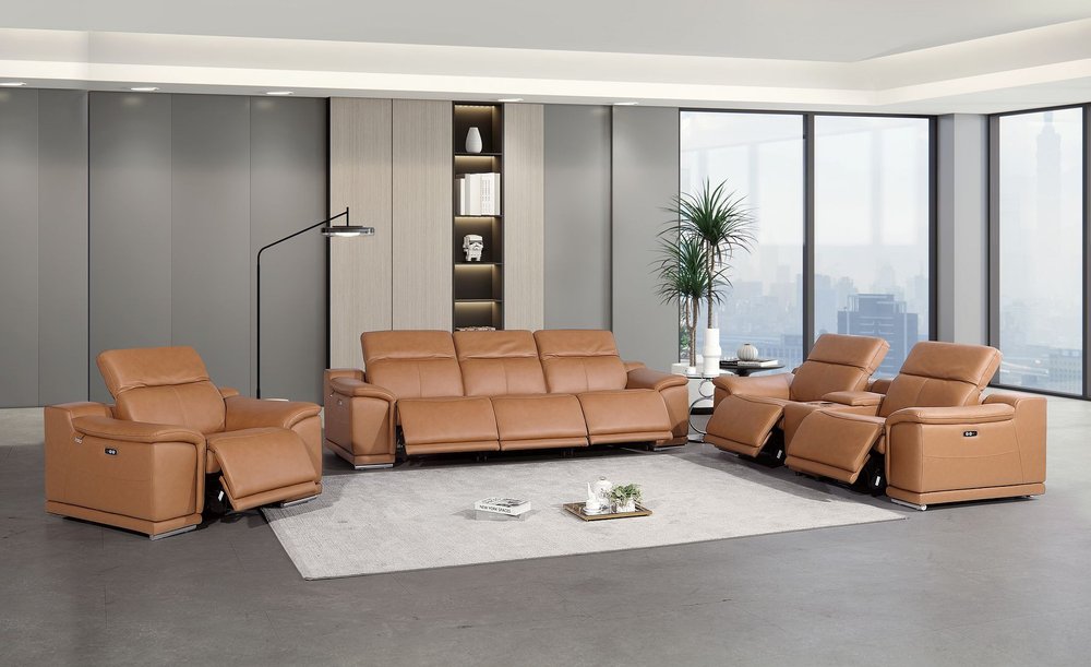 Three Piece Chestnut Genuine Leather Six Person Seating Set