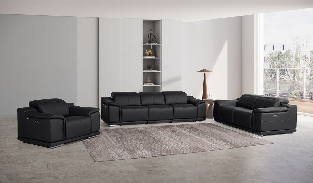 Three Piece Black Genuine Leather Six Person Seating Set