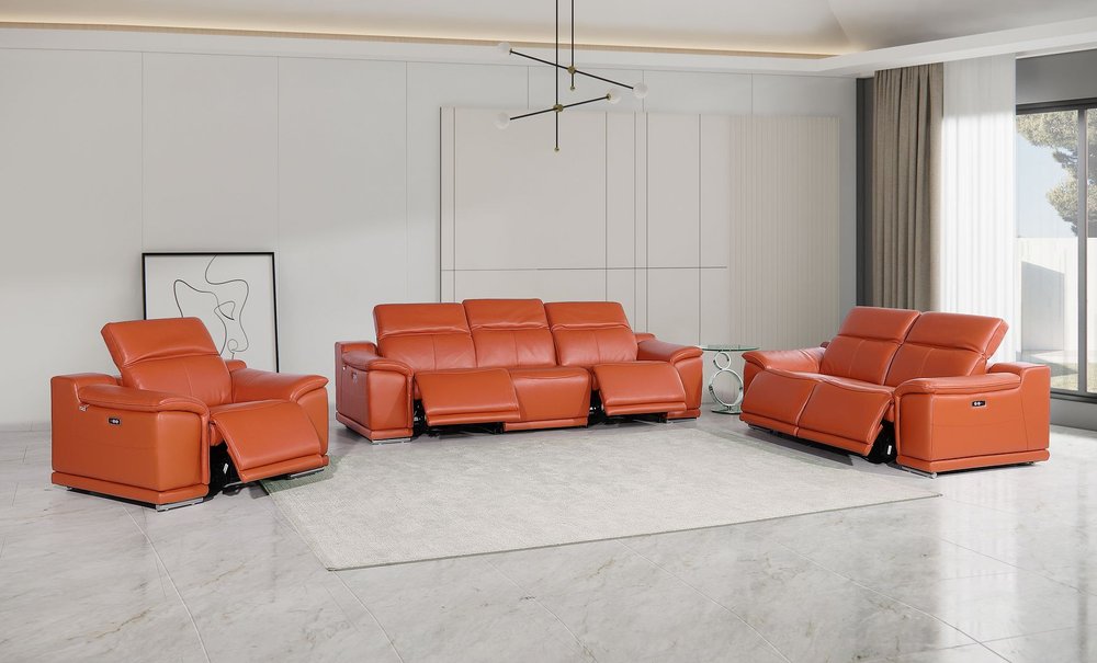 Three Piece Camel Genuine Leather Six Person Seating Set