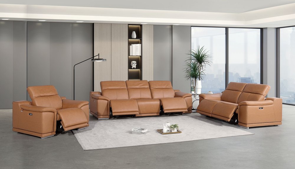 Three Piece Chestnut Genuine Leather Six Person Seating Set