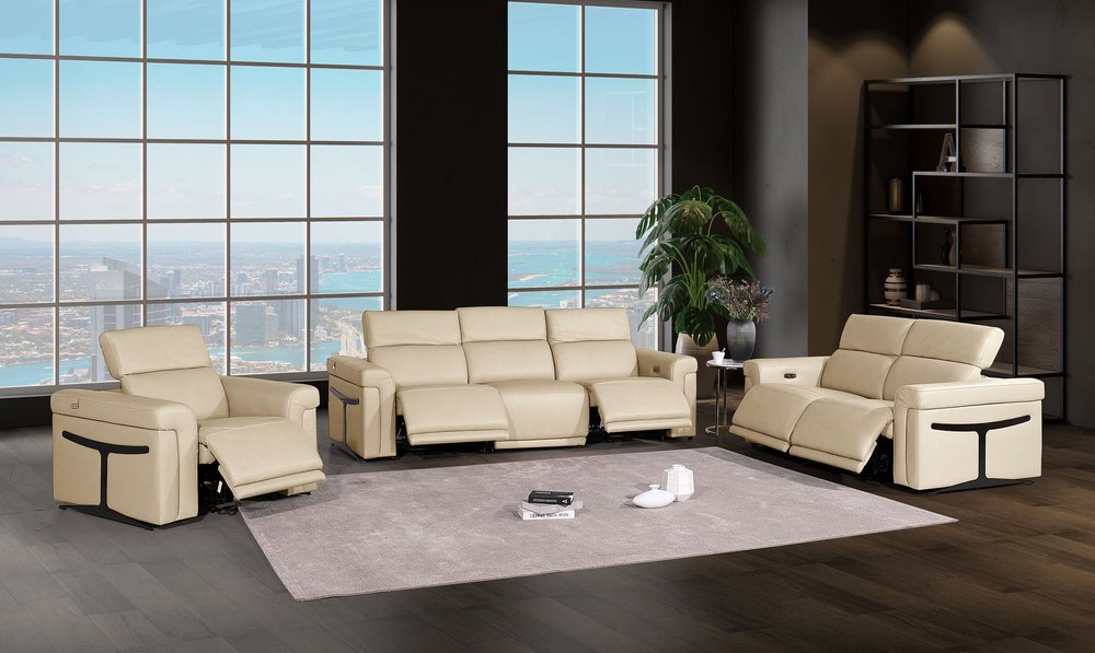 Three Piece Beige Italian Leather Six Person Seating Set