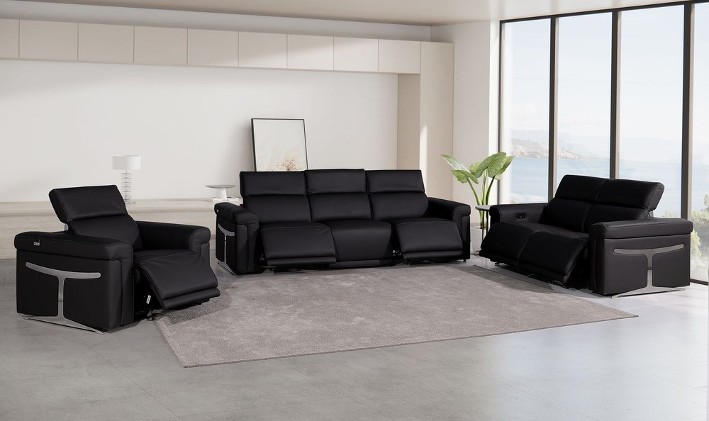 Three Piece Black Italian Leather Six Person Seating Set