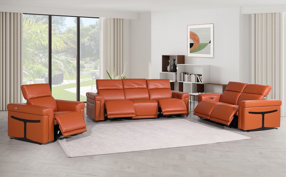 Three Piece Camel Italian Leather Six Person Seating Set