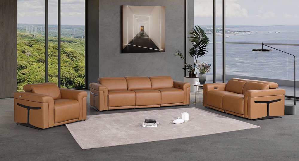 Three Piece Chestnut Italian Leather Six Person Seating Set