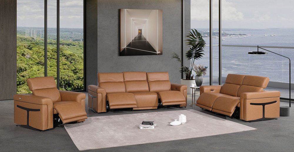 Three Piece Chestnut Italian Leather Six Person Seating Set