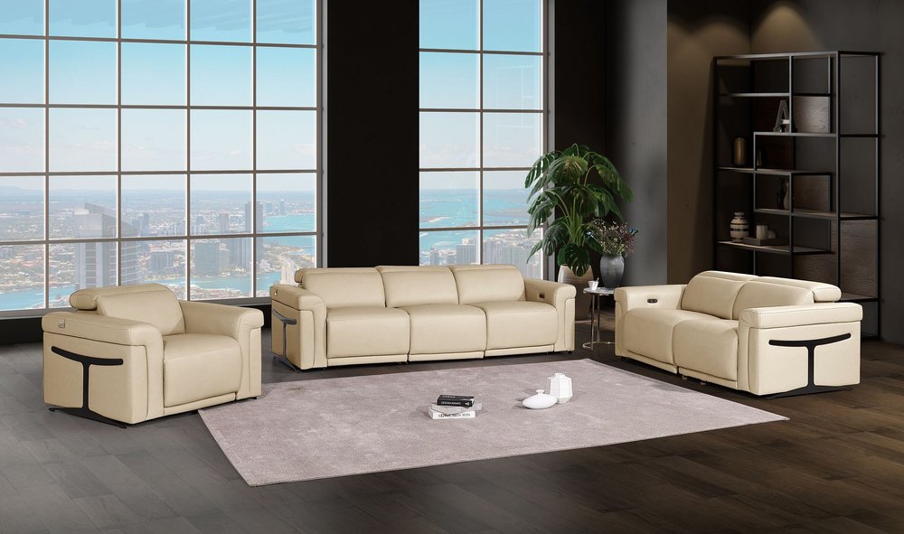 Three Piece Beige Italian Leather Six Person Seating Set