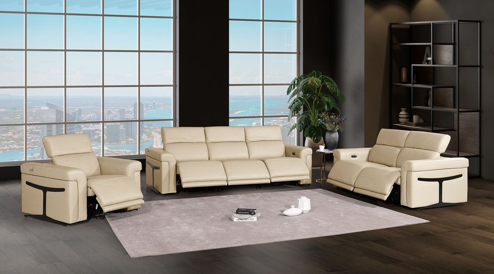 Three Piece Beige Italian Leather Six Person Seating Set