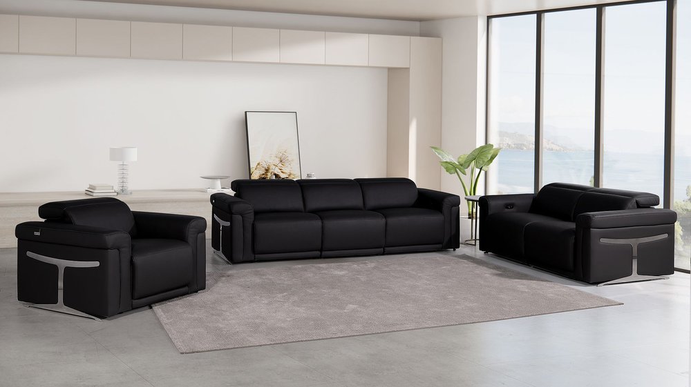 Three Piece Black Italian Leather Six Person Seating Set