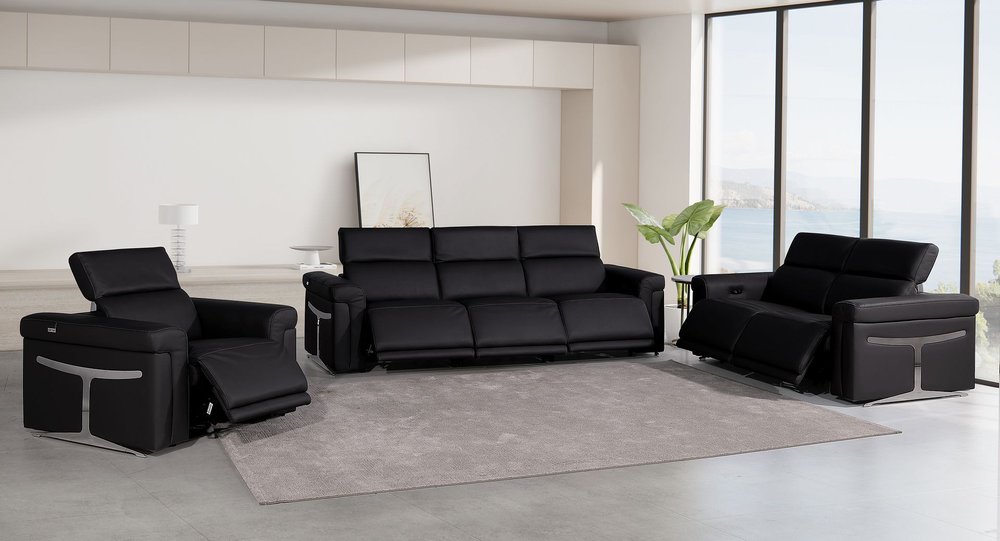 Three Piece Black Italian Leather Six Person Seating Set