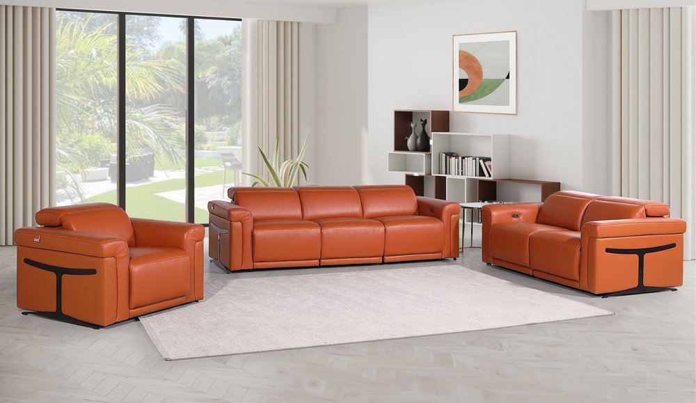 Three Piece Camel Italian Leather Six Person Seating Set