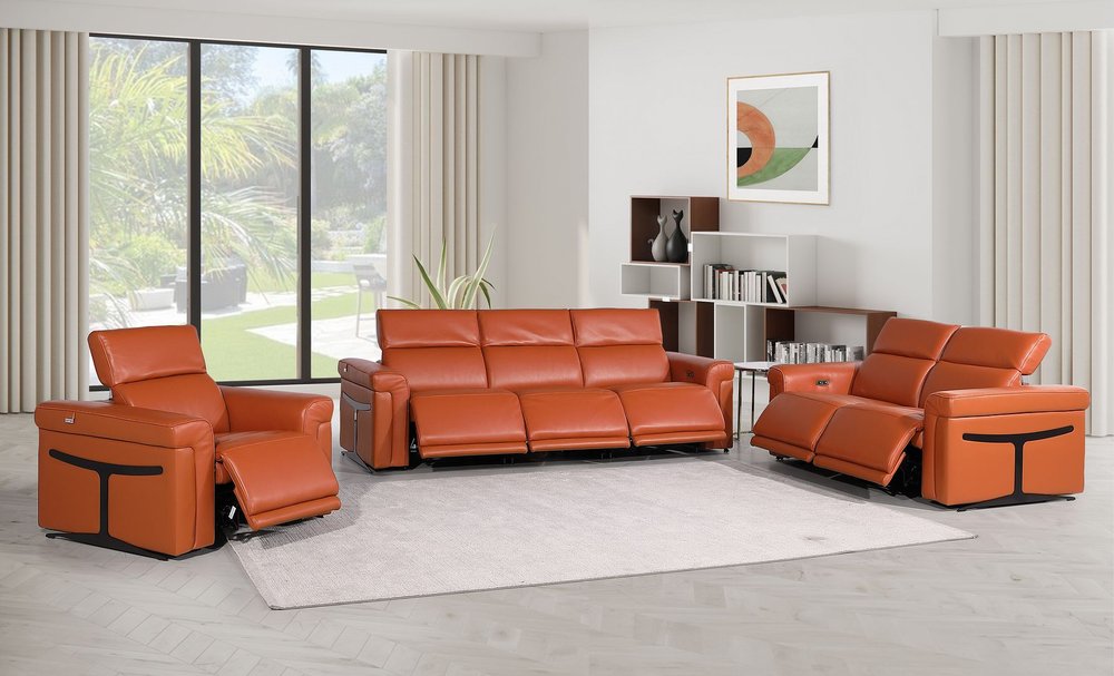 Three Piece Camel Italian Leather Six Person Seating Set