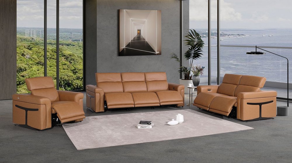 Three Piece Chestnut Italian Leather Six Person Seating Set