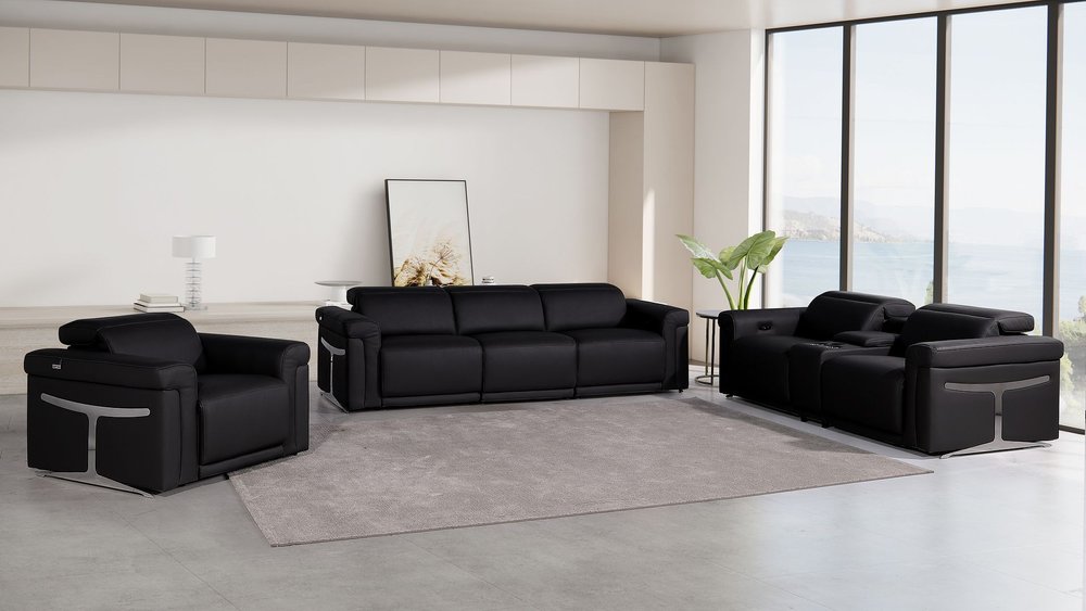 Three Piece Black Italian Leather Six Person Seating Set