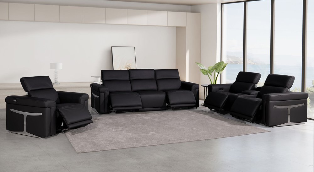 Three Piece Black Italian Leather Six Person Seating Set