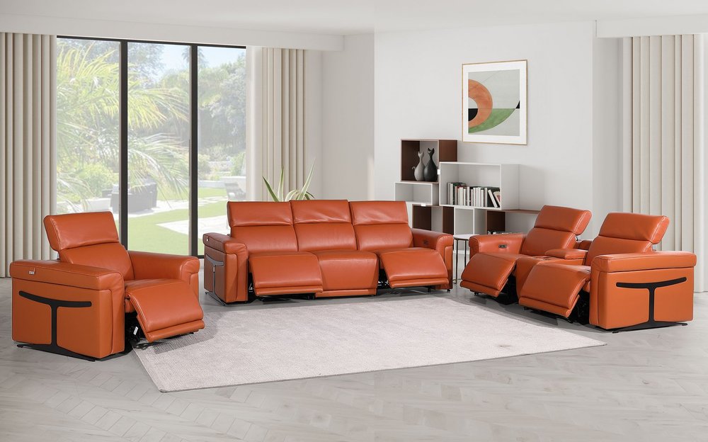 Three Piece Camel Italian Leather Six Person Seating Set