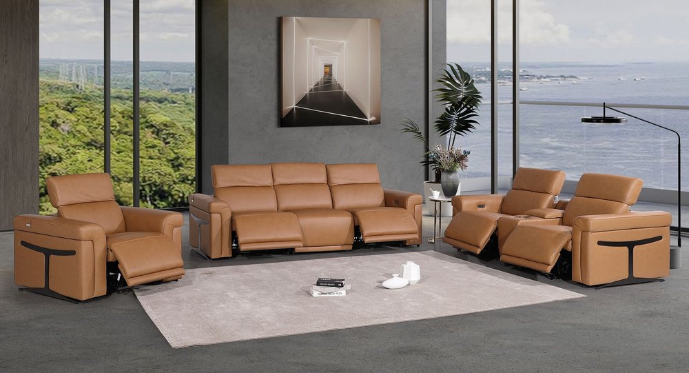 Three Piece Chestnut Italian Leather Six Person Seating Set