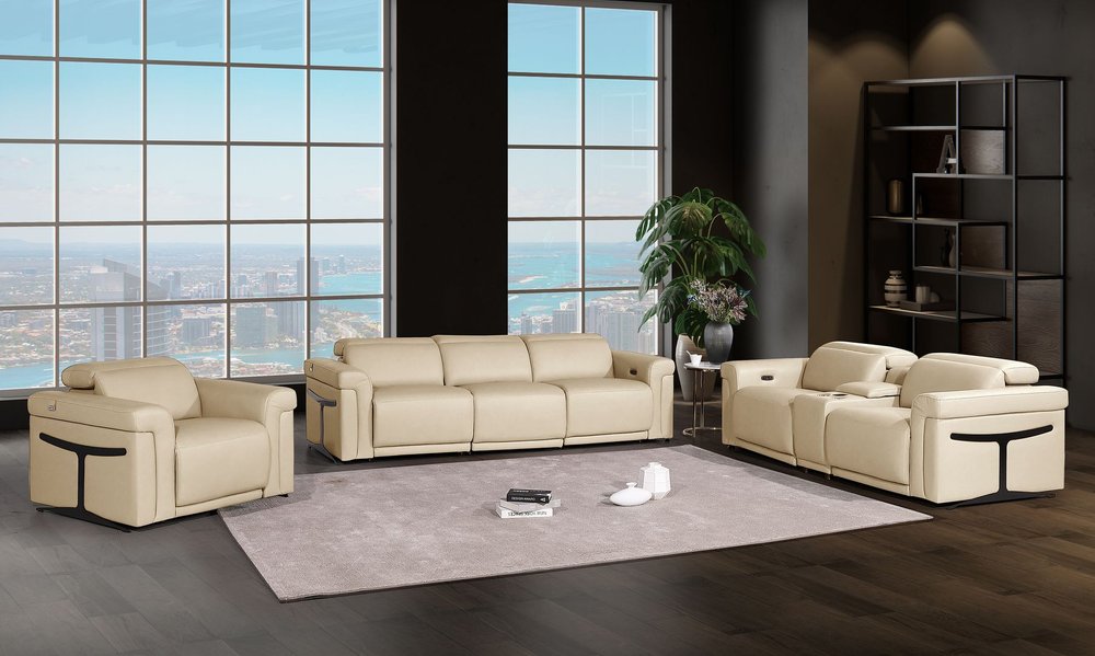 Three Piece Beige Italian Leather Six Person Seating Set