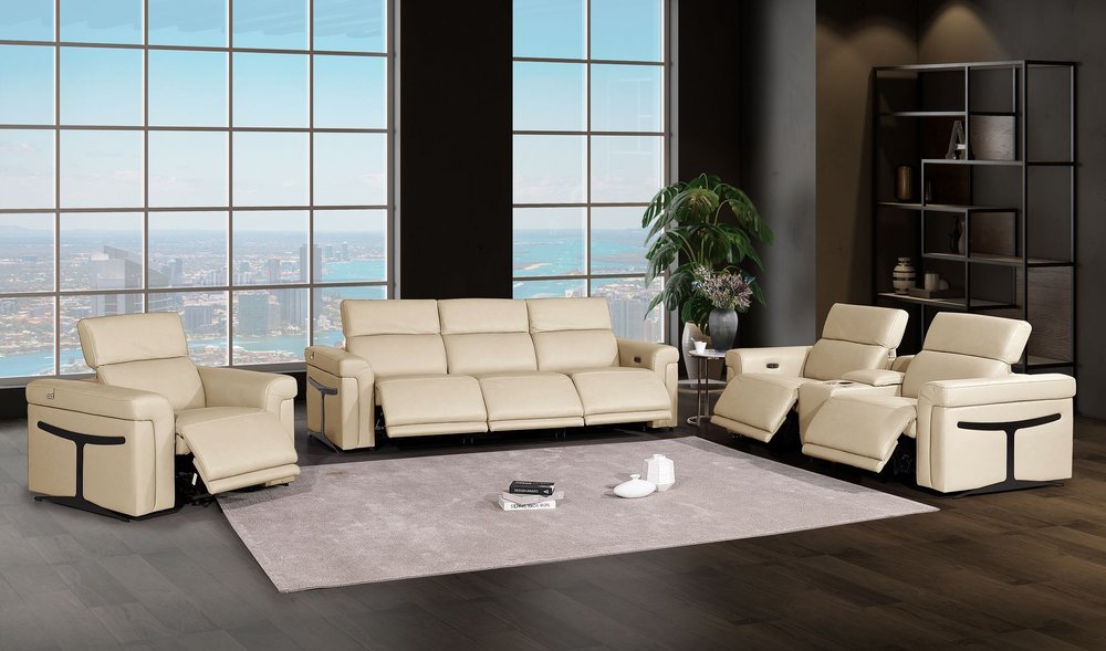 Three Piece Beige Italian Leather Six Person Seating Set