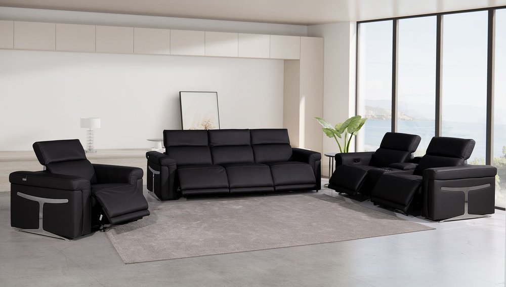 Three Piece Black Italian Leather Six Person Seating Set