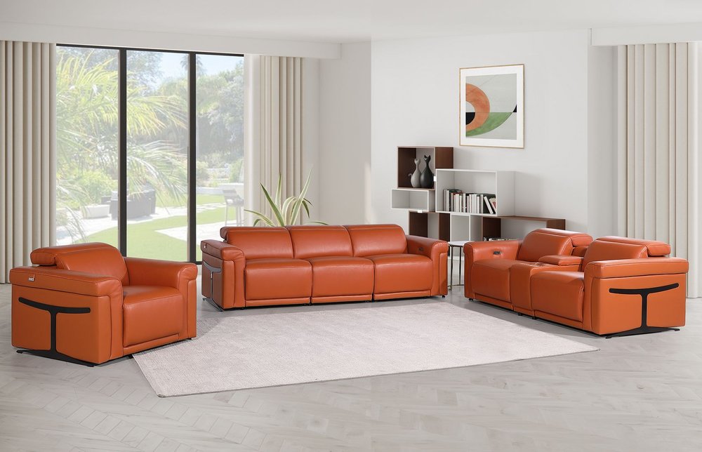 Three Piece Camel Italian Leather Six Person Seating Set
