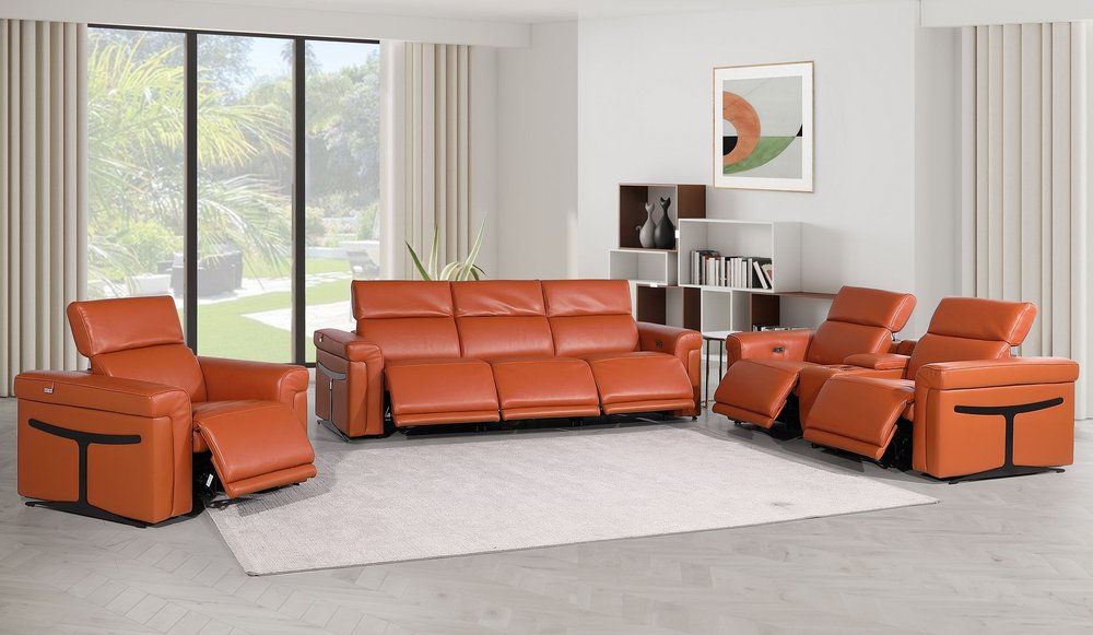 Three Piece Camel Italian Leather Six Person Seating Set