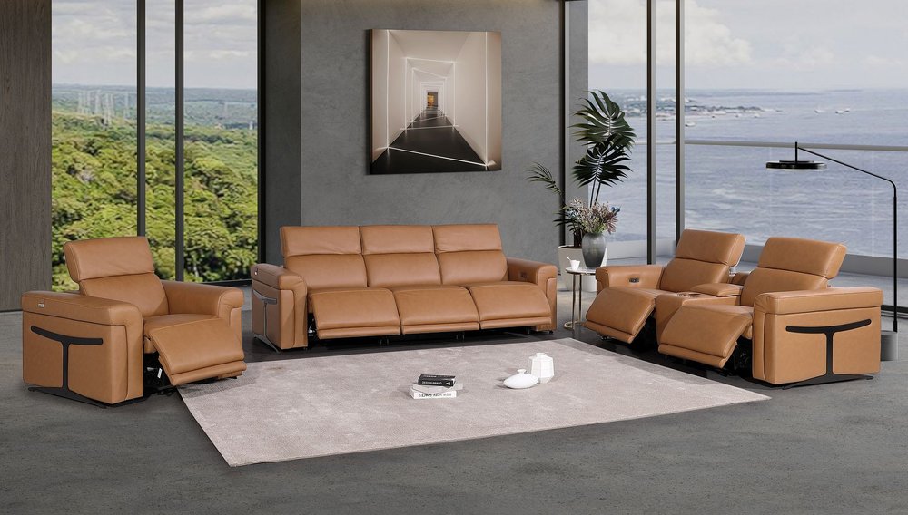 Three Piece Chestnut Italian Leather Six Person Seating Set