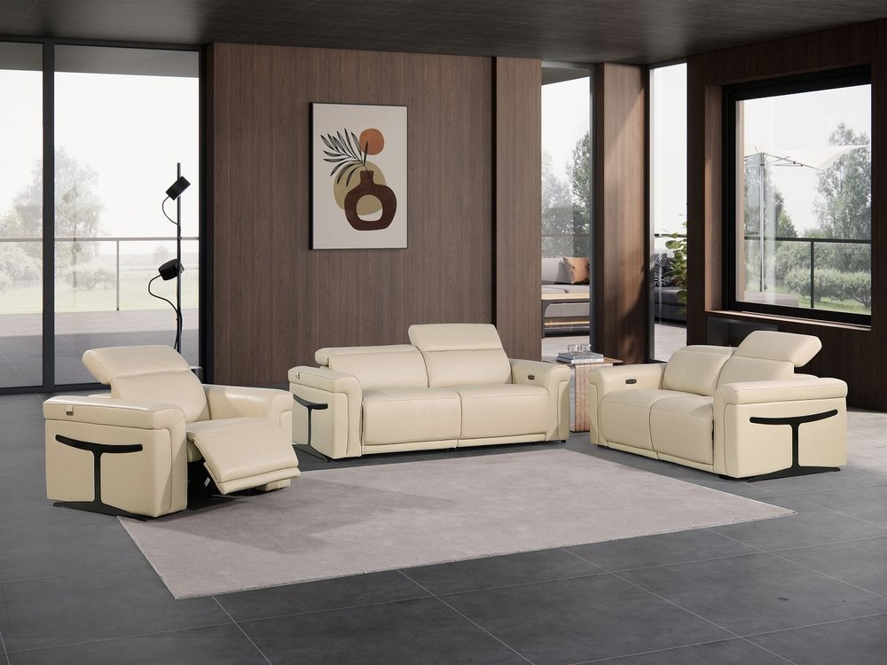 Three Piece Beige Italian Leather Six Person Seating Set