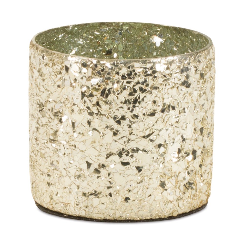 Set of Two Gold Distressed Abstract Glass Tabletop Hurricane Candle Holders
