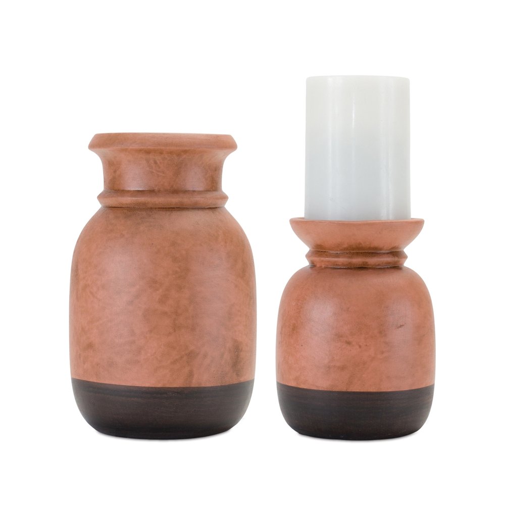 Set of Two Black Abstract Ceramic Tabletop Pillar Candle Holders