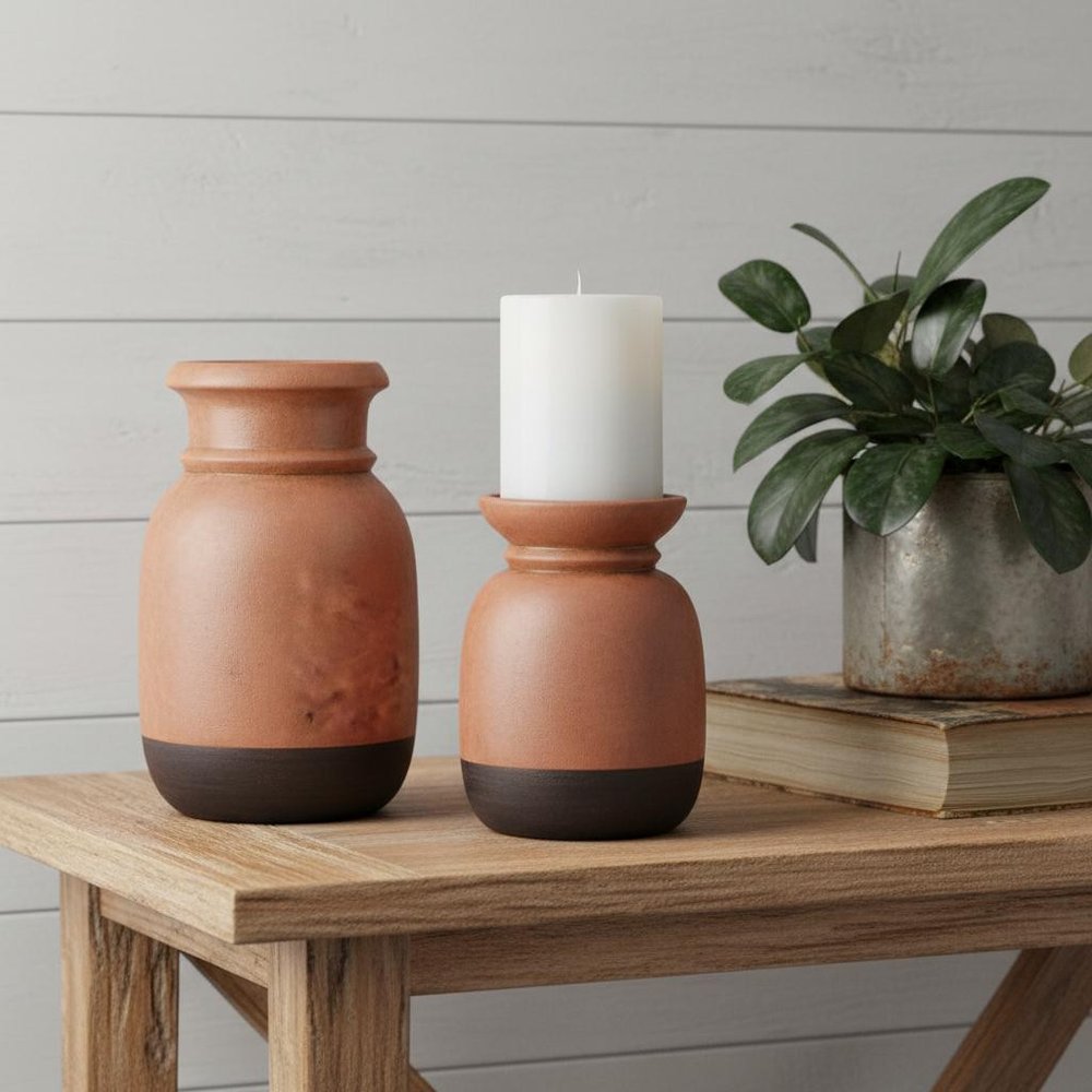 Set of Two Black Abstract Ceramic Tabletop Pillar Candle Holders