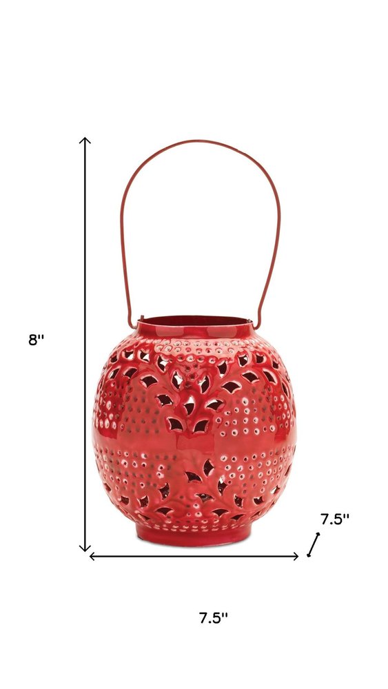 8" Red Abstract Iron Tabletop Lantern Candle Holder