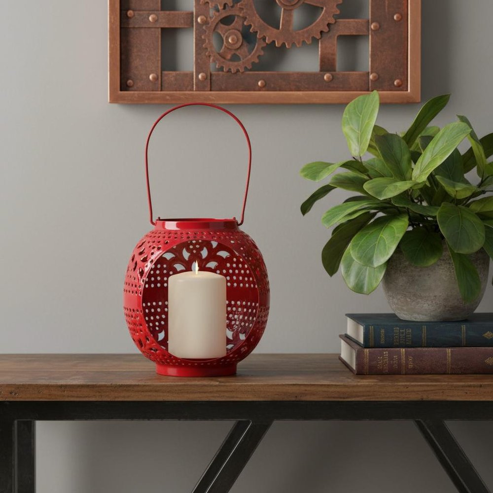 8" Red Abstract Iron Tabletop Lantern Candle Holder