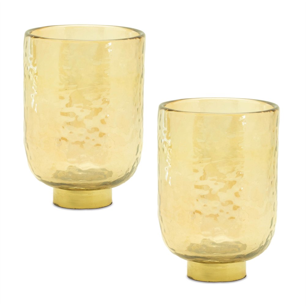 Set of Two Gold Abstract Glass Tabletop Pillar Candle Holders