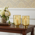 Set of Two Gold Abstract Glass Tabletop Pillar Candle Holders