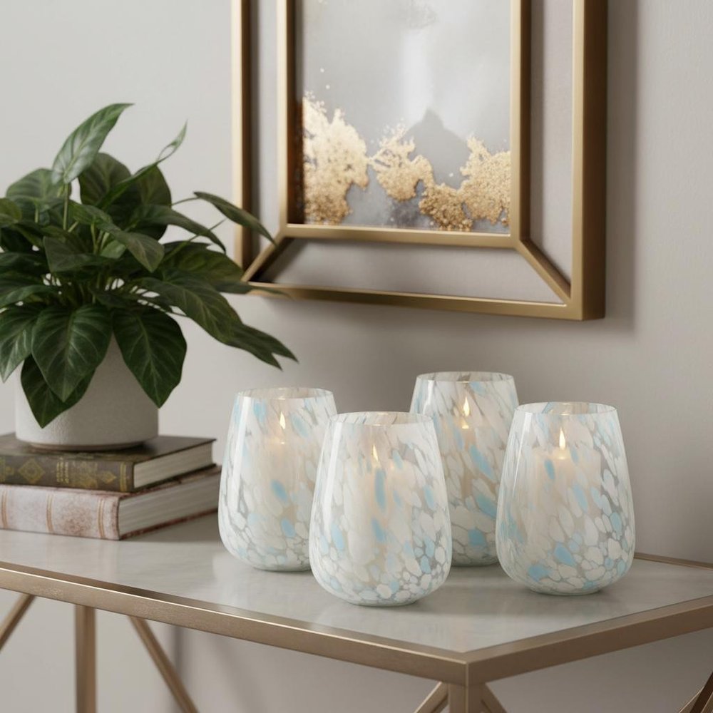 Set of Four Blue Distressed Abstract Glass Tabletop Pillar Candle Holders