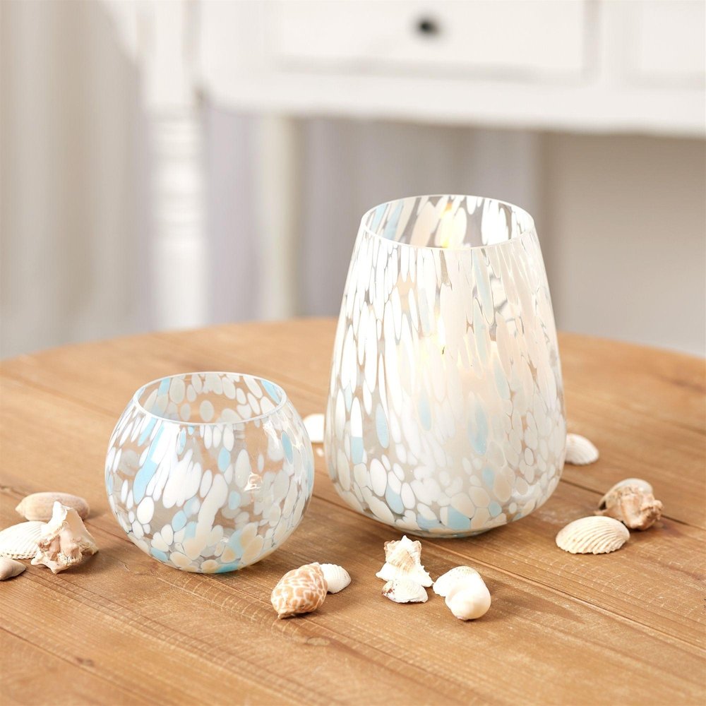 Set of Four Blue Distressed Abstract Glass Tabletop Pillar Candle Holders