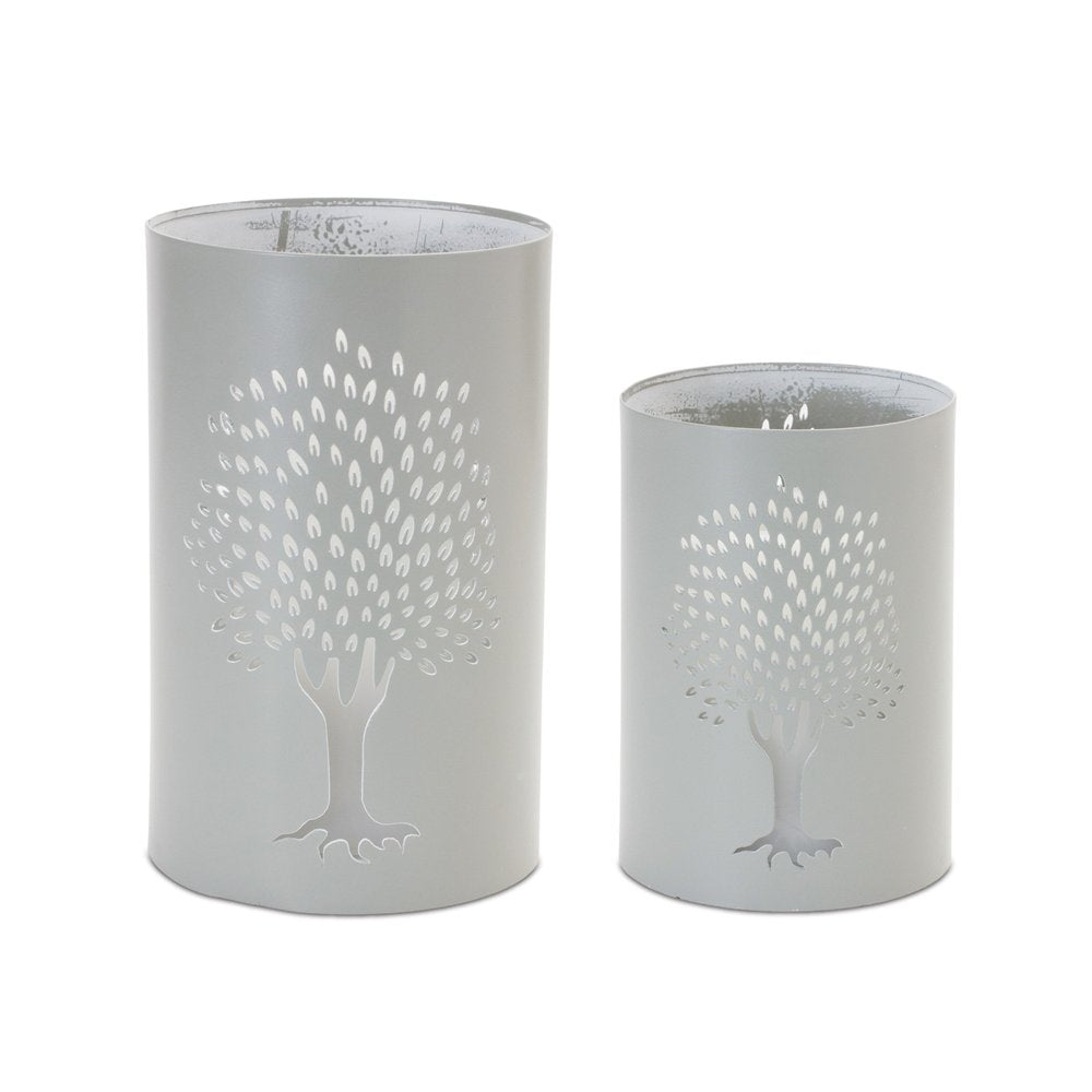 Set of Two Green Abstract Metal Tabletop Hurricane Candle Holders