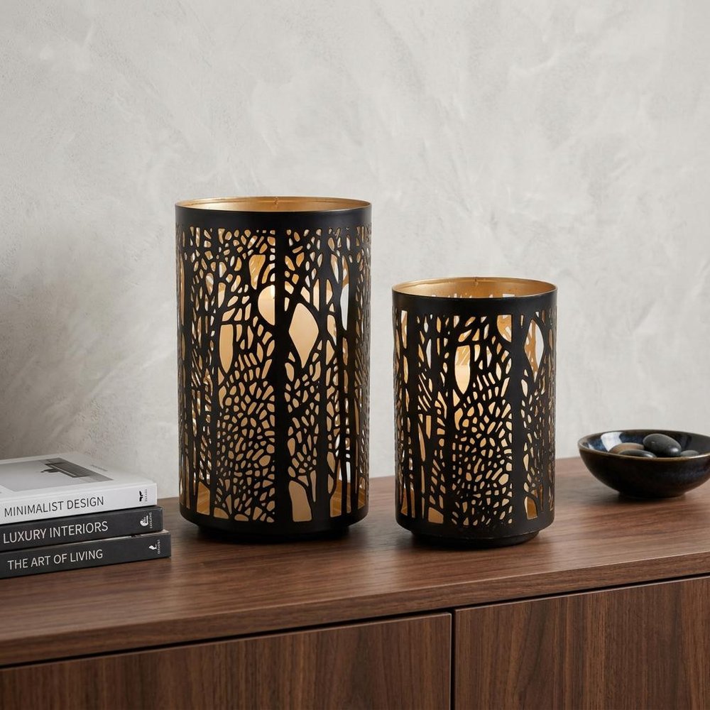 Set of Two Black Abstract Iron Tabletop Hurricane Candle Holders
