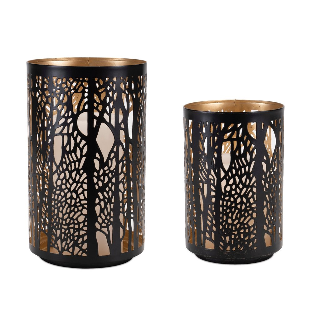 Set of Two Black Abstract Iron Tabletop Hurricane Candle Holders
