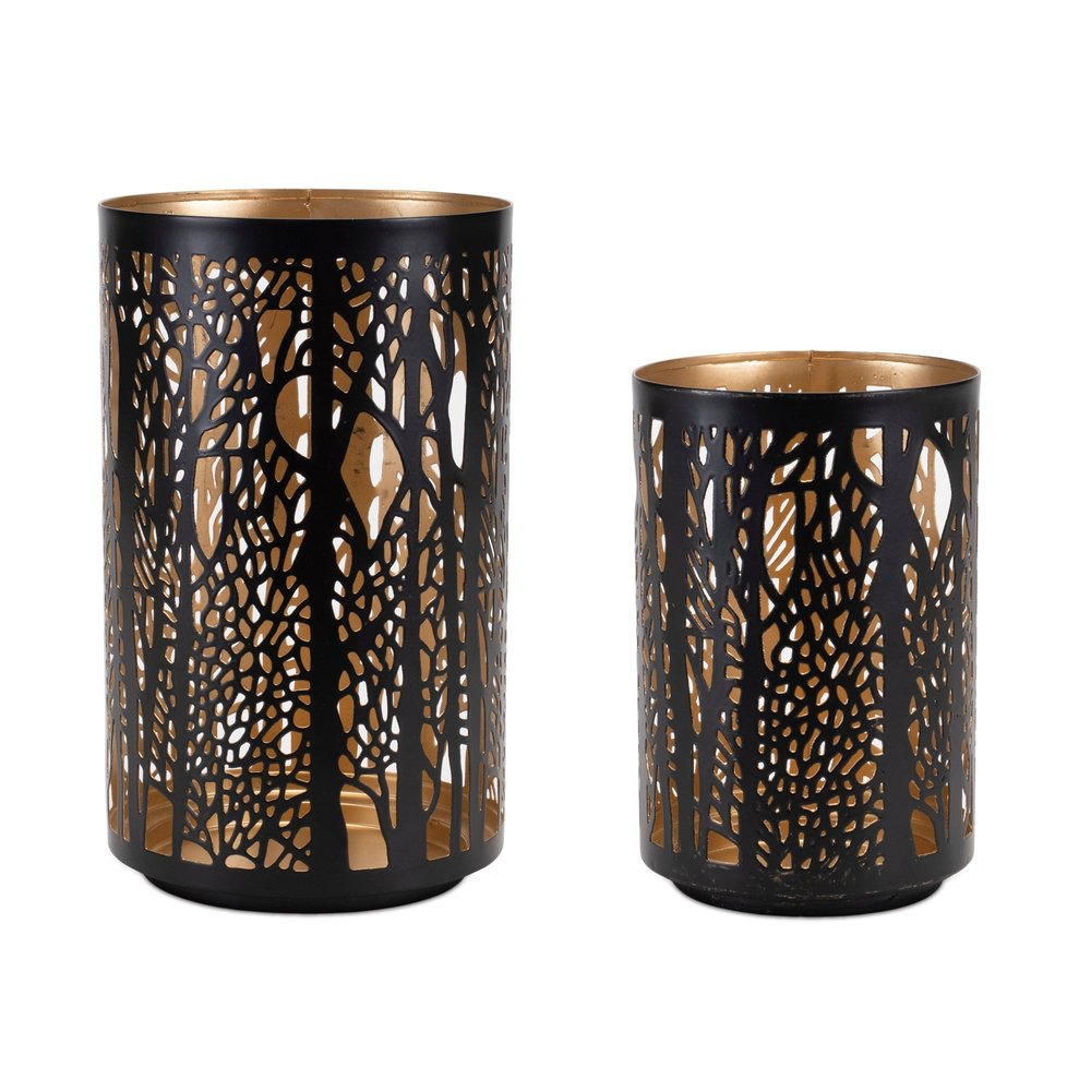 Set of Two Black Abstract Iron Tabletop Hurricane Candle Holders