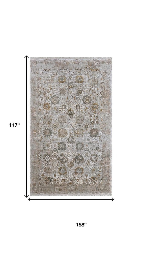 9' X 13' Ivory Gray And Gold Floral Area Rug With Fringe