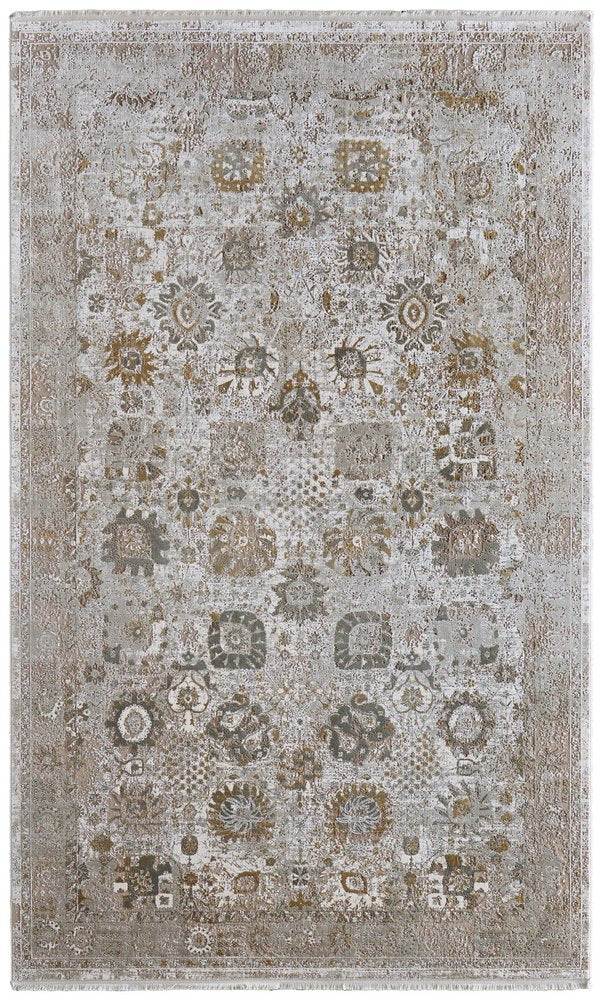 9' X 13' Ivory Gray And Gold Floral Area Rug With Fringe