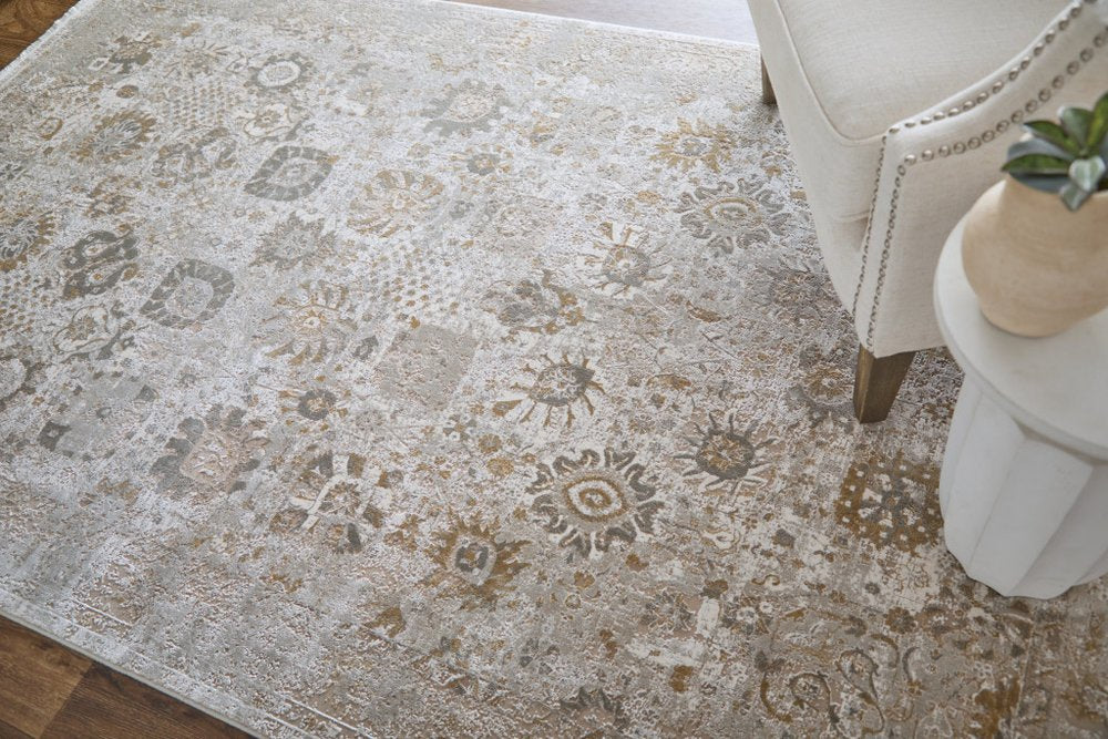 9' X 13' Ivory Gray And Gold Floral Area Rug With Fringe