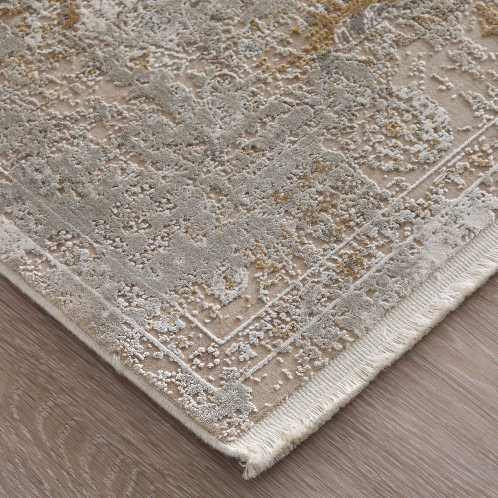 9' X 13' Ivory Gray And Gold Floral Area Rug With Fringe